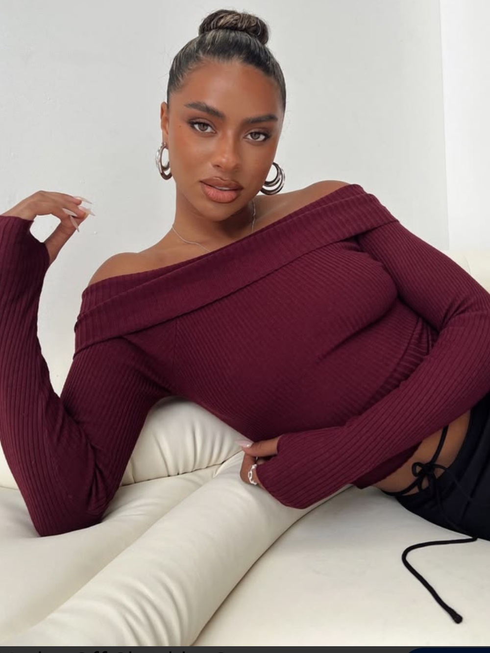 Princess Polly Off-the-Shoulder Ribbed Sweater Top - Burgundy